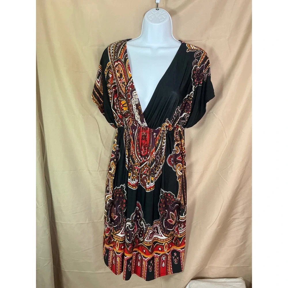 Cristina Love Paisley Empire Waist Dress Womens XL Black Red Excellent Boho Midi - Picture 3 of 12